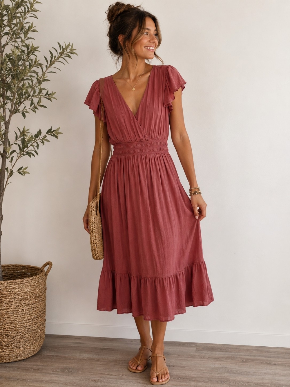 Maurices Dusty Rose V-Neck Smocked Midi Dress